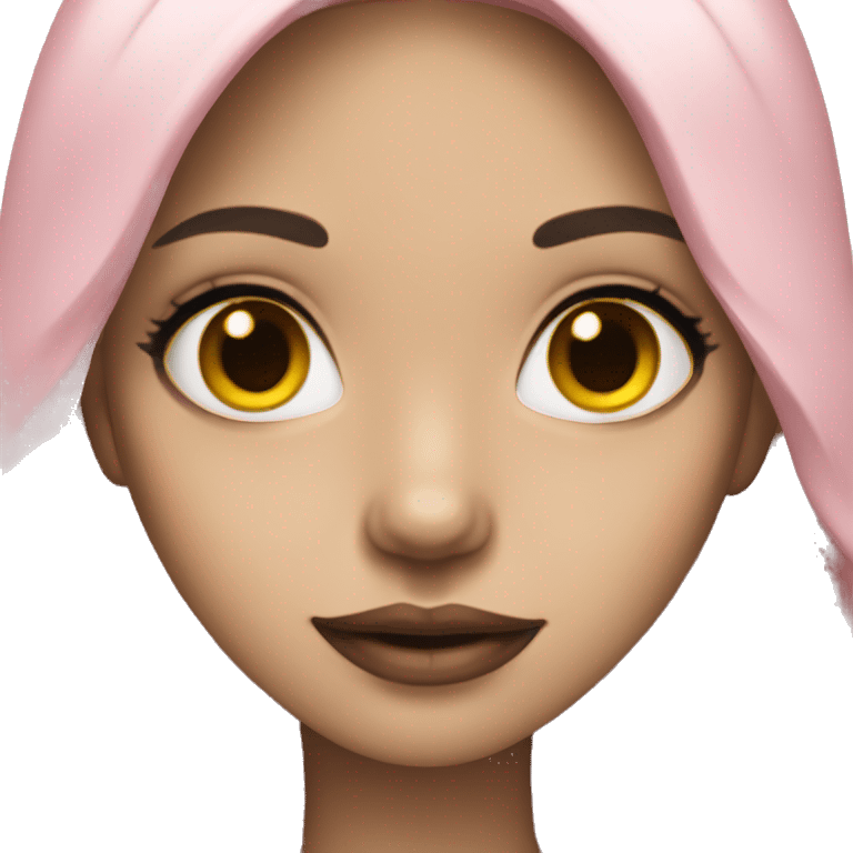 Girl with yellow white skin, black long hair, brown eyes, pink lip emoji