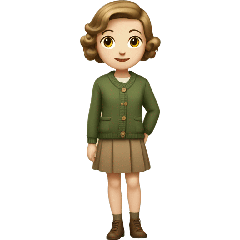 Very young girl with pale skin, straight, warm brown, short hair in a bob style, a brown 1940s dress with an earthy green cardigan emoji