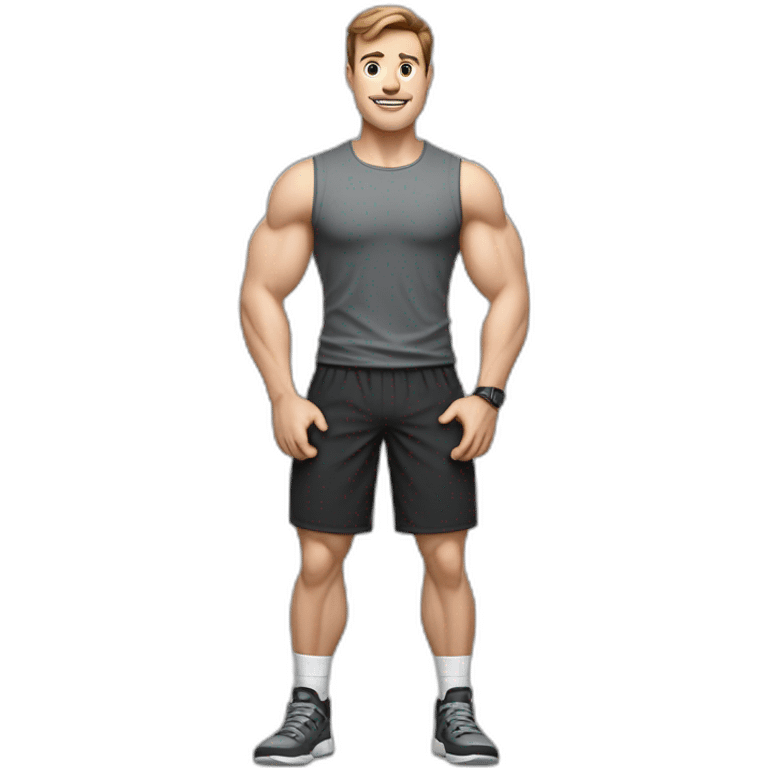 Full height realistic Actively gesturing with hands Pale skinned Fit Man With the biceps and brown hair in dark gray Sleeveless Mike, black oversize sports shorts, watch and white Sneakers emoji