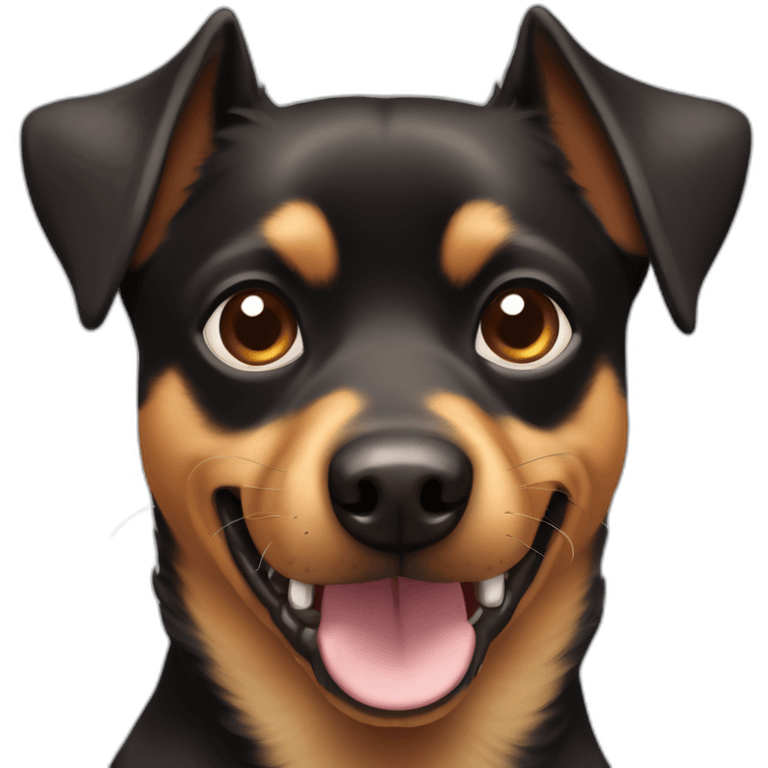 black brown mutt dog with mostly small german shephard head but with larger chihuahua eyes and large overbite with her left upper sharp canine tooth a bit crooked and sticking out mouth emoji