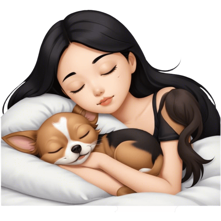 Coquette teenage cute asian black hair girl sleeping with brown longhair chihuahua  emoji