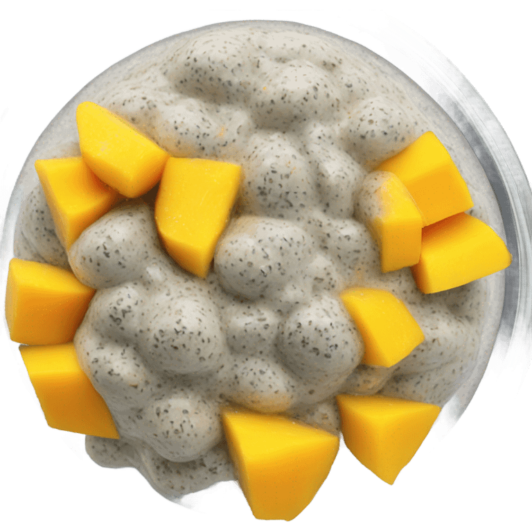 a clear glass of chia pudding with diced mango on top emoji