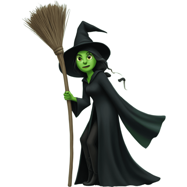 A green witch, like Elphaba in Wicked, wearing black and holding a broom stick emoji