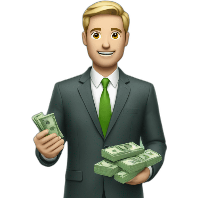 A businessman holding an iPhone with a green screen in one hand and a pack of money in the other hand emoji