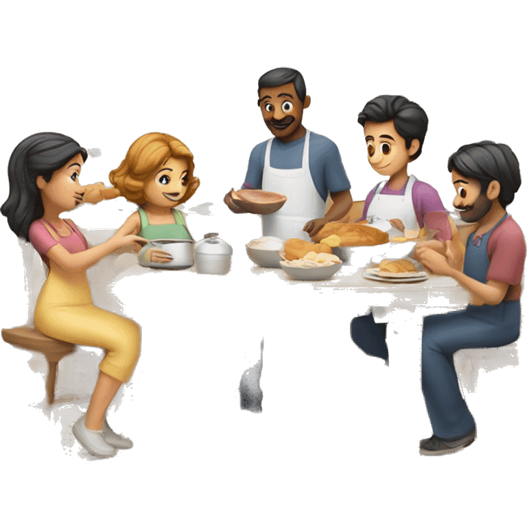 6 caucasian family members preparing breakfast at cozy kitchen  emoji