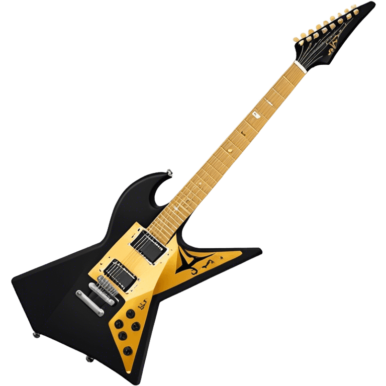 Create a bold and dynamic emoji representing the Epiphone Dave Mustaine Flying V Custom electric guitar. The design should feature the sharp, iconic V-shaped body of the guitar, with a custom finish reflecting Dave Mustaine’s signature style. Add intricate details like gold or chrome tuning pegs and pickups, with subtle graphics or patterns that reflect the aggressive, heavy metal aesthetic. Use a color palette of black, gold, and red, with a touch of metallic sheen for the high-end finish. The background should be transparent to emphasize the guitar's iconic shape emoji