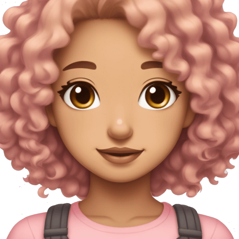 TAN SKIN GIRL WITH LONG BROWN CURLY HAIR AND A CORGI pink kawaii shiny blushing cute kawaii pastel anime trending style pink pastelcore emoji