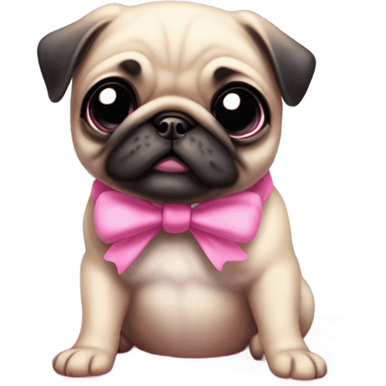 Baby pug with big pink
eyes wearing a pink bow above 1 ear sitting in a puddle  emoji