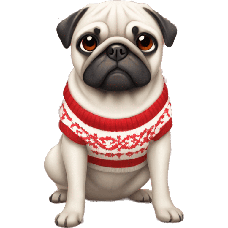 full white pug wearing a red and white checkered sweater emoji