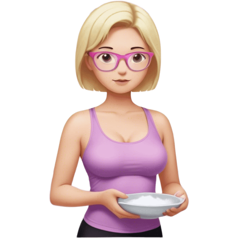 Thick fair skinned woman, short blond hair, small light purple reading glasses, washing dishes, SFW sheer pink tank top, without undergarments showing natural breast shape SFW, black yoga pants, thick booty emoji