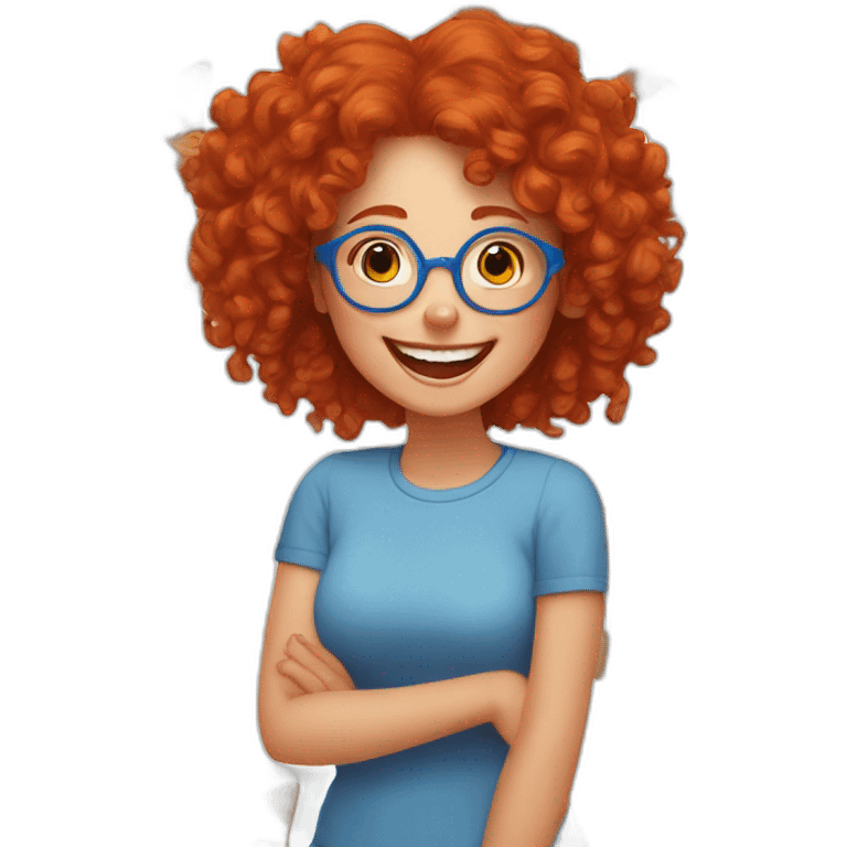 a girl with red curly hair and blue glasses laughing out loud with many cats emoji