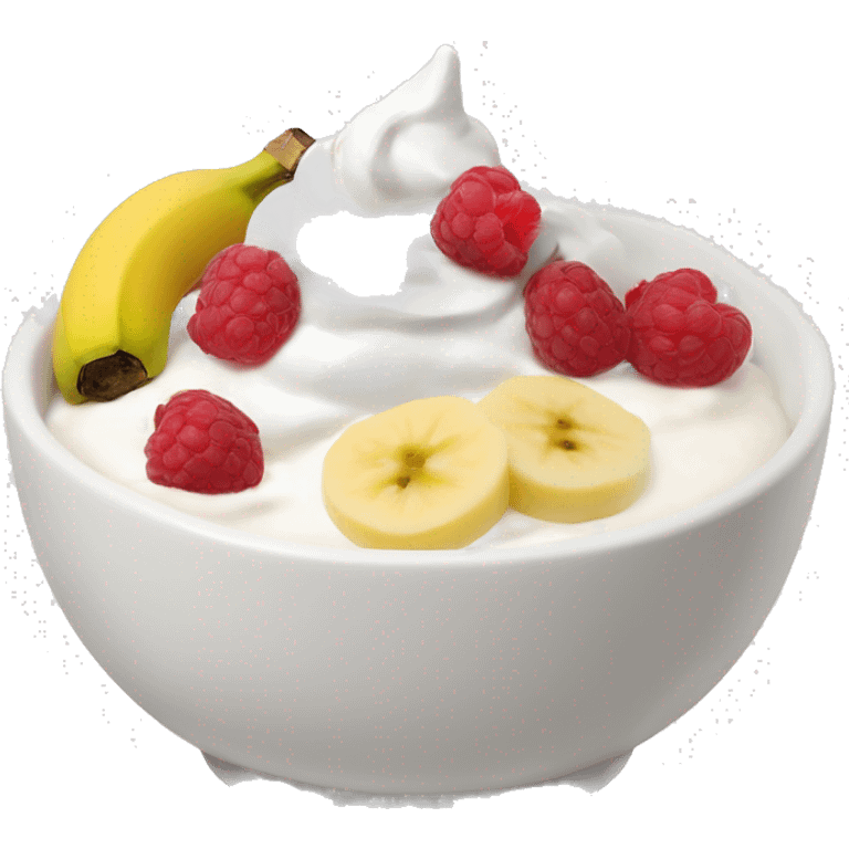 an aesthetic yougurt bowl with banana,rasberries,greek yogurt, and some hiney emoji