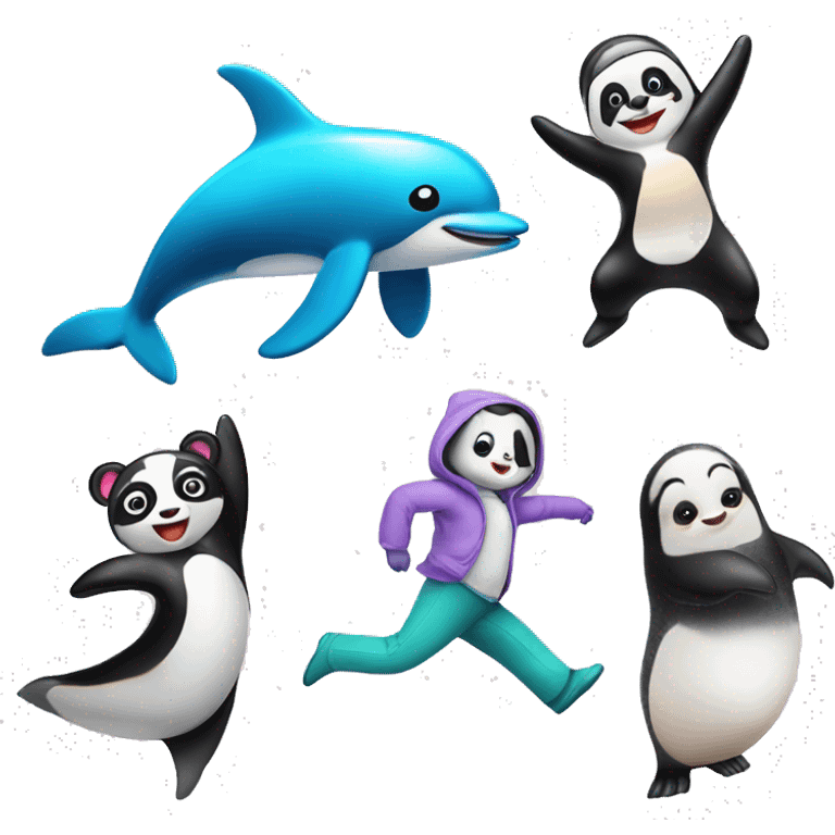 Dancing panda, dolphin, penguin girl emoji