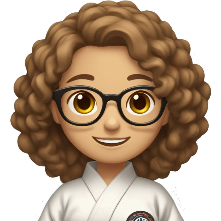 create an emoji of a girl with wavy hair, down to her shoulders, in brown, with glasses, smiling and in a jiu jitsu kimono emoji