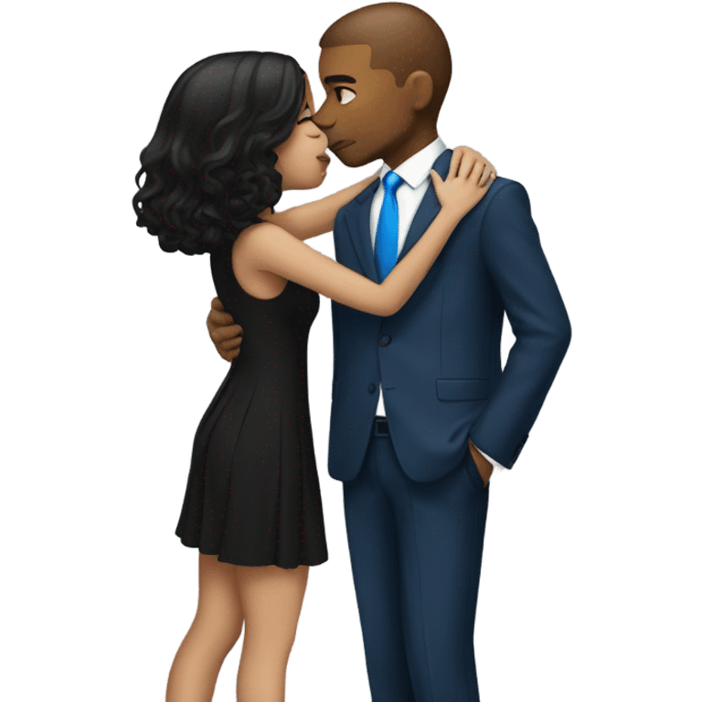 Guy in black suit with a blue tie kissing a girl in a short blue dress emoji