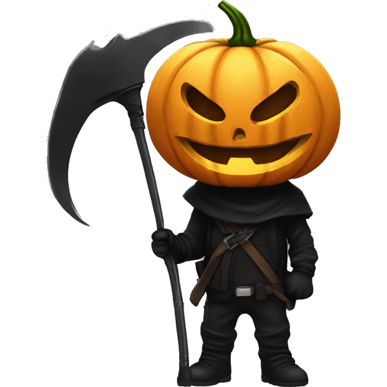 Human pumpkin hunter with a scythe, glowing pumpkin eyes inside a black helmet, Halloween theme, emoji" emoji