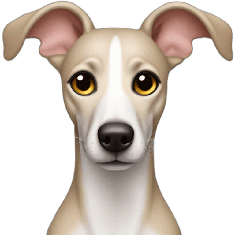 a beige whippet with angel wing eyes and a big heart near its face emoji