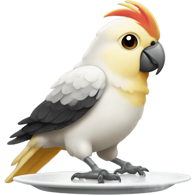 cockatiel holding plate with stake emoji