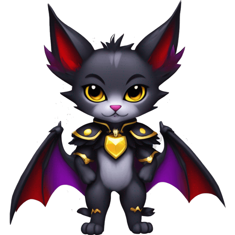 Anthro-Cute-Edgy-Cool-Vampiric-Batty-Cat-Black-Purple-Red-Grey-White-Yellow-Contrast-Colors-Fantasy-Fur-Sona-Chibi-Shiny-Fakémon-Hybrid with horns and fangs and collar full body emoji