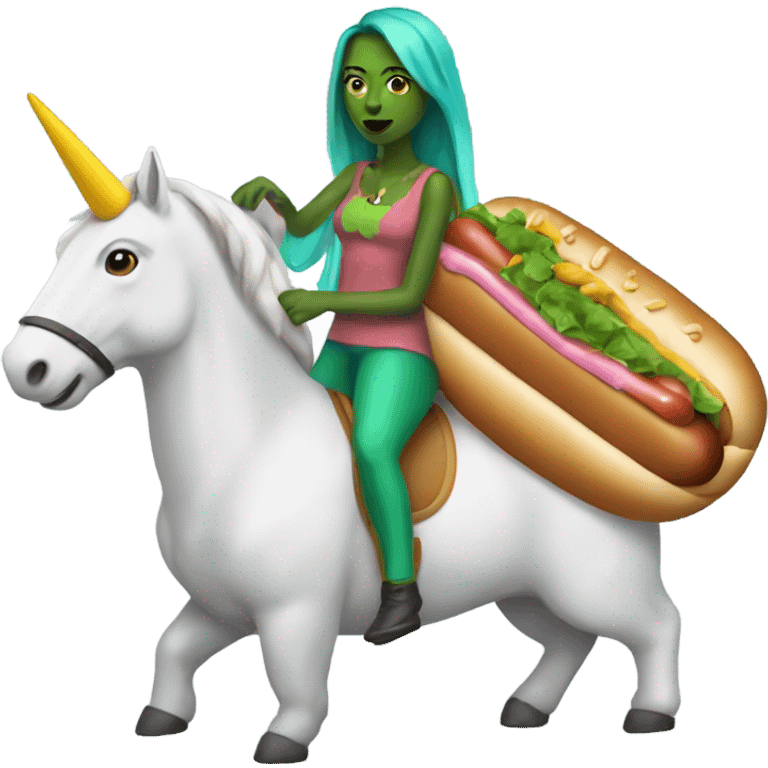 A woman with green skin and a unicorn horn riding a hot dog emoji