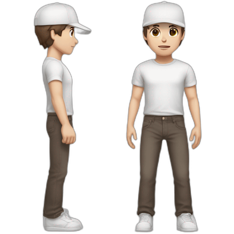 Pale skinned fit Man with dark brown hair in a light gray cap, dark brown jeans, brown polo and white T-shirt keeping a pasted with tape white box into his hands emoji