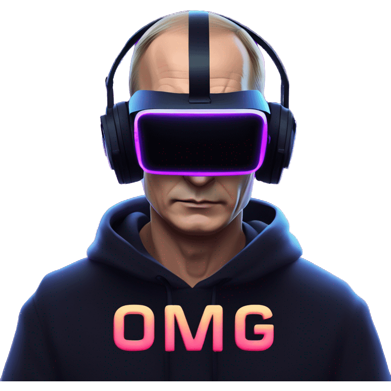 Vladimir Putin wearing a black hoodie with "OMG" letters on it and VR headset oculus quest 2 in a cyberpunk VR environment with violet neon lighting. emoji