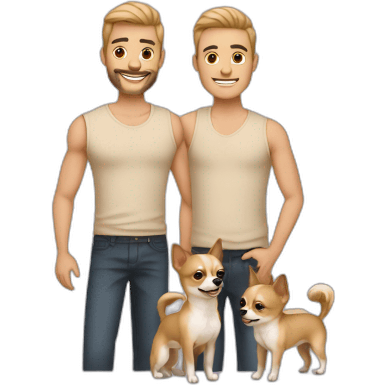 Couple hommes gay avec un chihuahua à poils longs couleur sable emoji