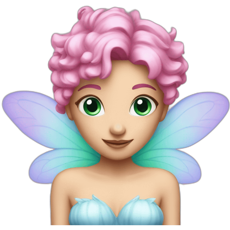 a fairy with green wings, pink hair and blue eyes emoji