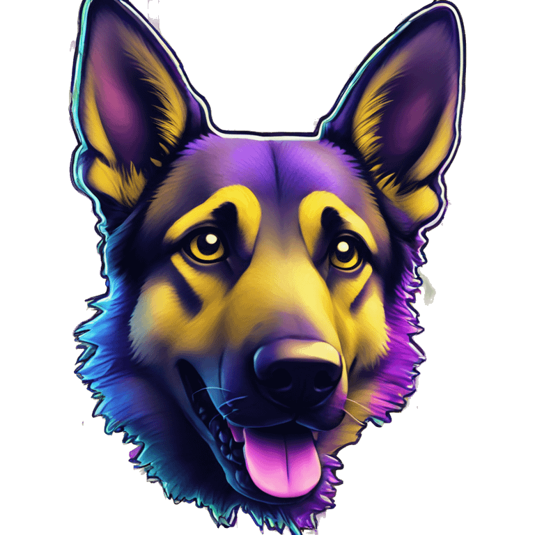 .Zombie_ Vaporwave black holographic oilslick zombie yellow German shepherd dog yellow caution tape graffiti stripes iridescent blue purple mane yellow stripes emoji