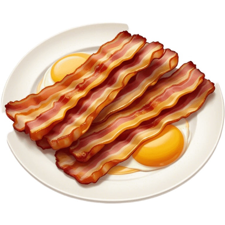 Cinematic crispy sizzling bacon, slightly curled, golden-brown with a perfect crunch, glistening with rich flavor, deep warm tones, served on a breakfast plate, comforting and indulgent. emoji