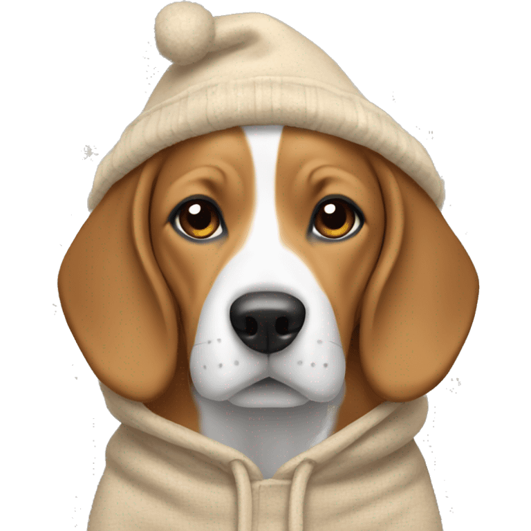 beagle wearing a beige christmas hoodie emoji