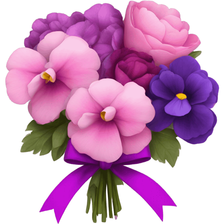 Bouquet composed of pink pansies, violet peonies tied with a dark pink ribbon and in the background purple butterflies emoji