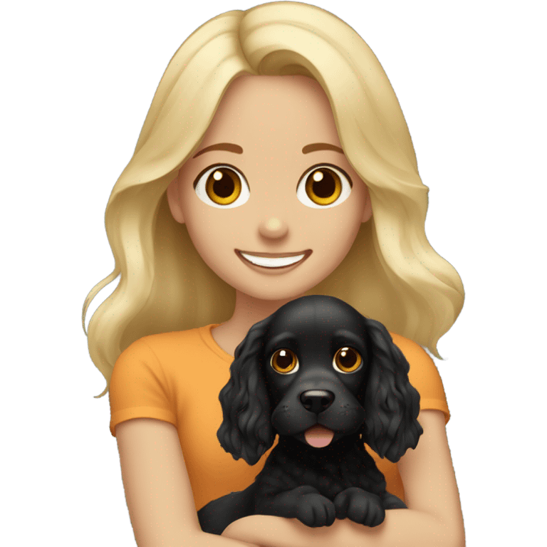 Happy blonde girl with brown eyes holding on hands black cocker spaniel emoji