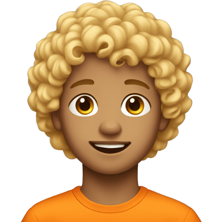 Young boy with blonde curly hair wearing orange emoji