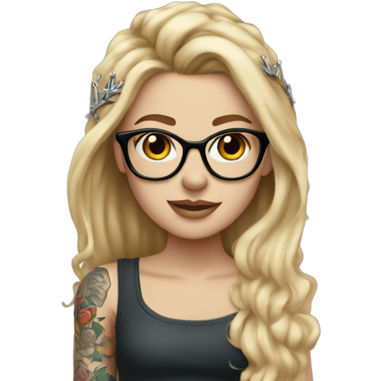 beautiful white girl with tattoos, wearing a crown and glasses with long blond hair  emoji