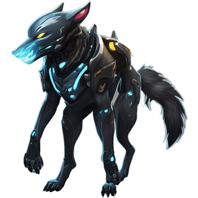 Warframe-inspired wolf Warframe with sleek biomechanical armor, a snarling wolf-like helmet, glowing eyes, and clawed gauntlets. Dark metallic colors with glowing energy lines, blending feral agility and deadly stealth. emoji