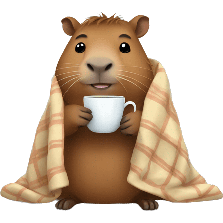 Capybara cozy in a blanket with a cup of tea emoji