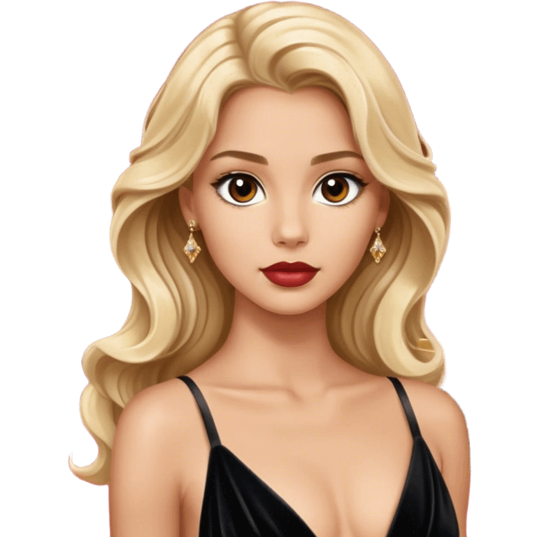 blonde model, brown eyes, long wavy hair, oscars red carpet, black velvet gown emoji