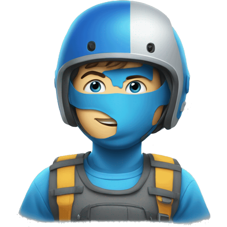 kid with buck teeth, a pencil up his nose, a blue helmet, blue eyes emoji