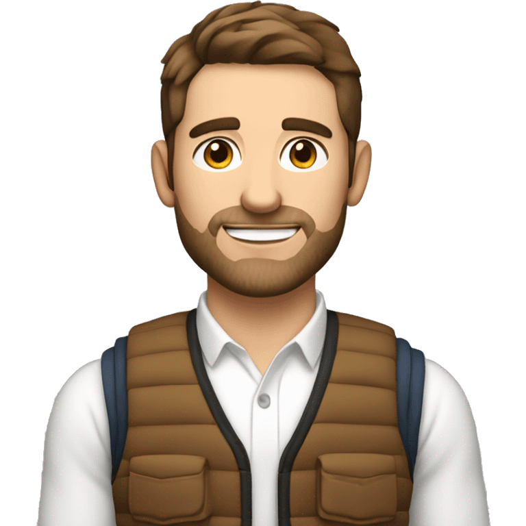 a white 30 year old man with brown hair and stubble in a gilet - now add a tick emoji in the bottom corner emoji