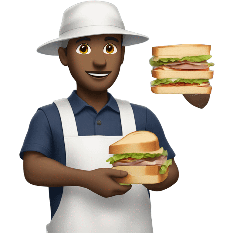 White Male man worker with white shirt and navy apron with khakis and hat holding a sandwhich emoji