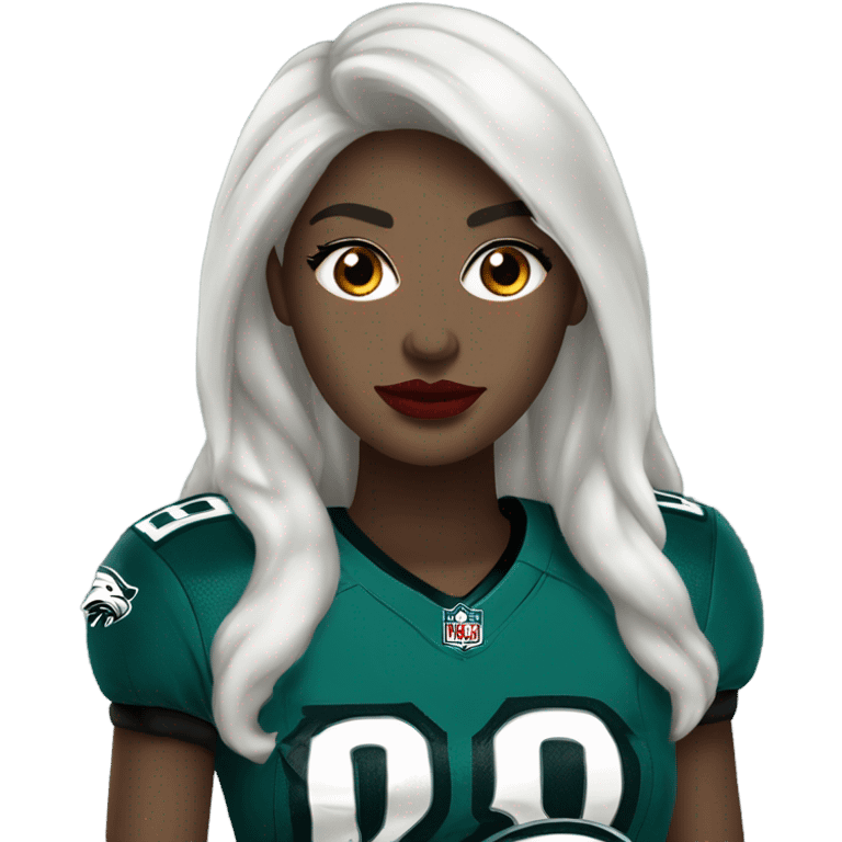 White female long dark hair red lips wearing Philadelphia Eagles jersey emoji