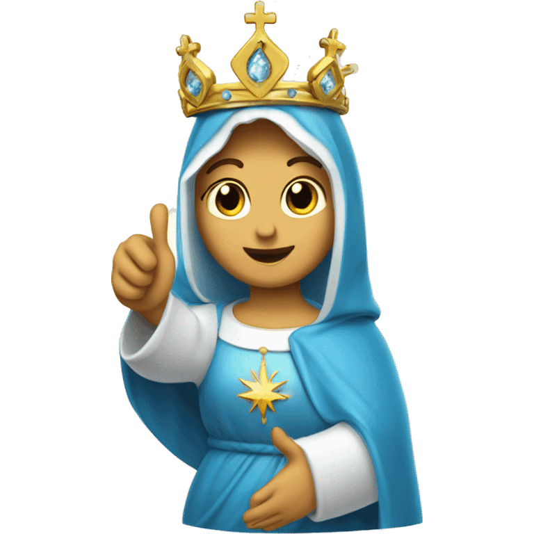 blessed virgin mary with one hand thumb up, with blue veil, with crown, with halo emoji