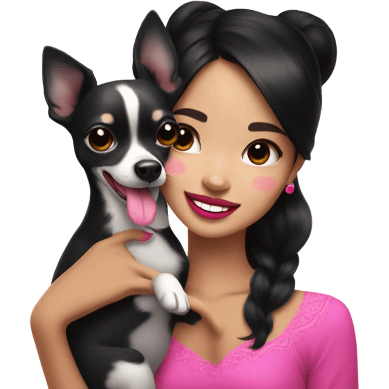 Thick medium black hair with hot pink lips and pink cheek smiling Filipino lady hugging black and white Chihuahua  emoji