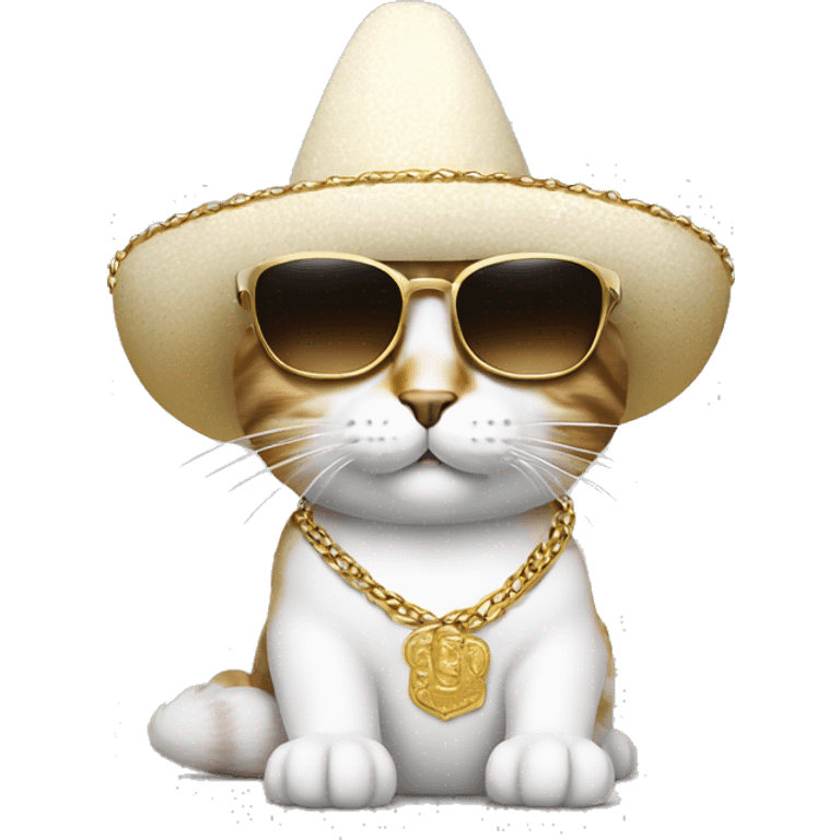 cat with a mexican hat wearing a gold chain with sunglasses bed white shirt emoji