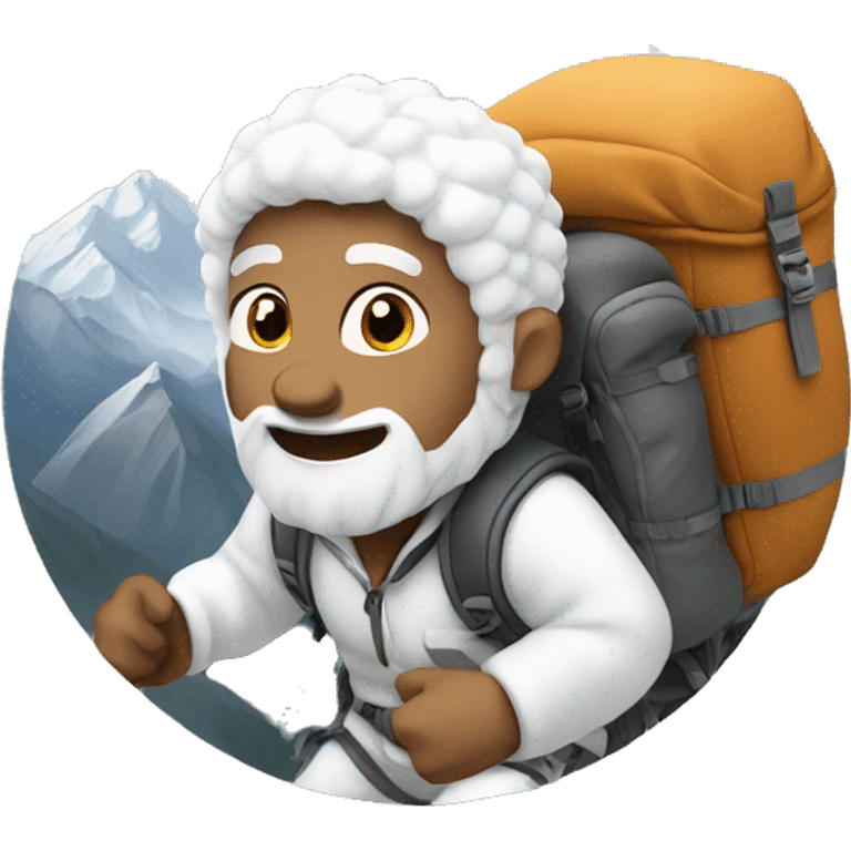 White sherpa climbing a mountain with backpack emoji