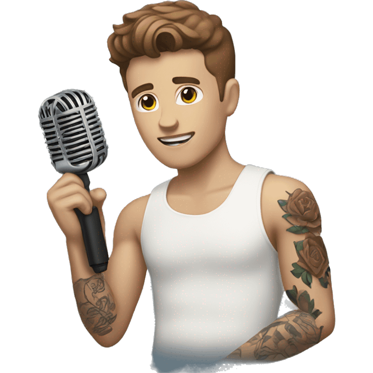 White boy with brown hair with arm tattoo and holding a microphone  emoji