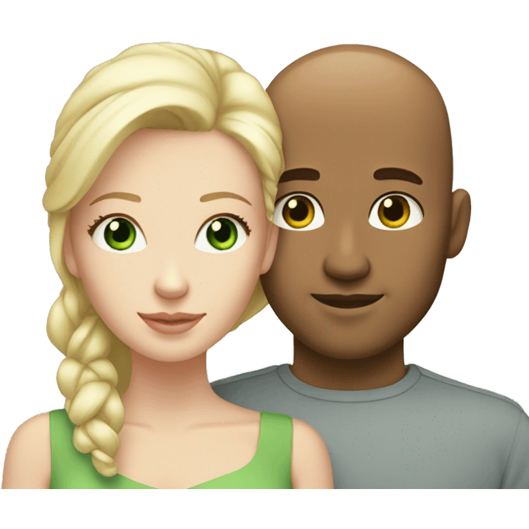 Loving white couple. White Male = bald, 35, light green eyes. Female = long blonde highlights, light green eyes emoji