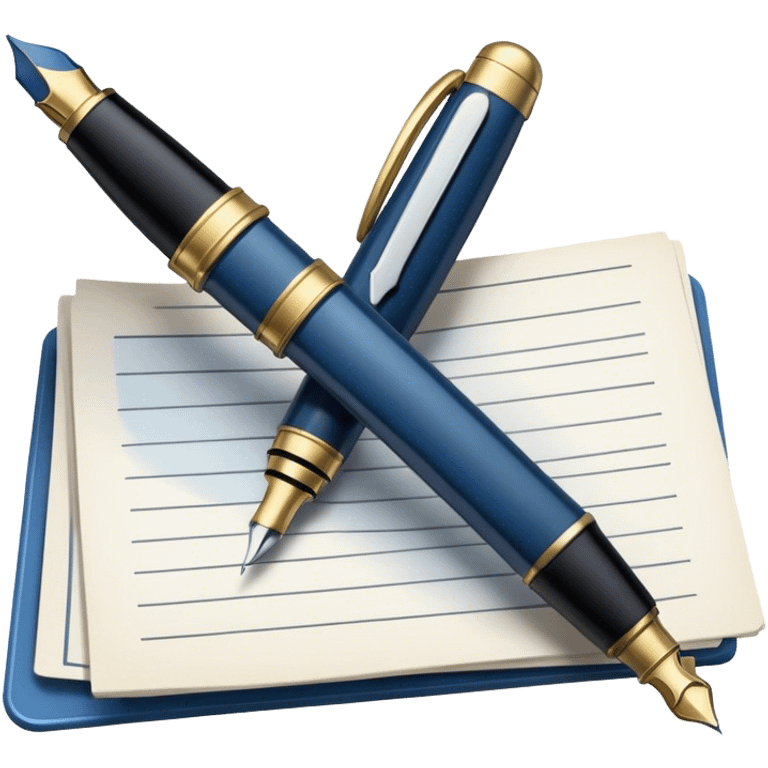 Create an emoji representing journalism and publicistic writing. The design should feature an open newspaper or a stack of articles with visible text columns, symbolizing opinion pieces and analysis. A classic fountain pen or ballpoint pen should be placed near the papers, indicating the act of writing. Optionally, include a small microphone or a press badge to emphasize investigative and journalistic aspects. Use neutral and professional colors like black, white, and muted blue or red. Do not include any emojis or smiley faces. Make the background transparent. emoji