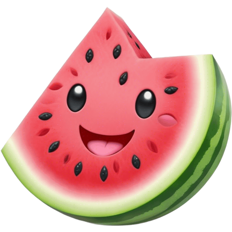 Cute Kawaii Watermelon Slice, juicy and vibrant, soft pastel green rind with pink flesh, tiny black seeds shaped like hearts, an adorable happy face with cute round eyes, bursting with summer energy! emoji